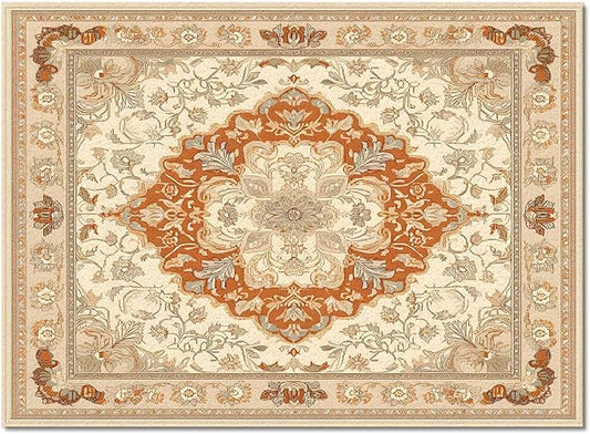 Orange Bohemian Rectangular Area Rugs for Living Room Bedroom 5 x 6.9 ft Vintage Farmhouse Floral Pattern Non-Shedding Soft Low Pile Rug Non Slip Washable Rug for Nursery Entryway Playroom