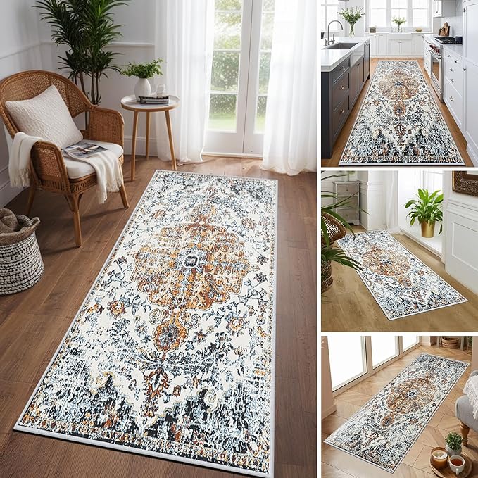 Hallway Washable Runner Rug 2x6 - Vintage Kitchen Runner Rugs with Non Slip Backing Boho Rugs for Living Room Bedroom Floor Distressed Carpet Runners for Farmhouse, Laundry