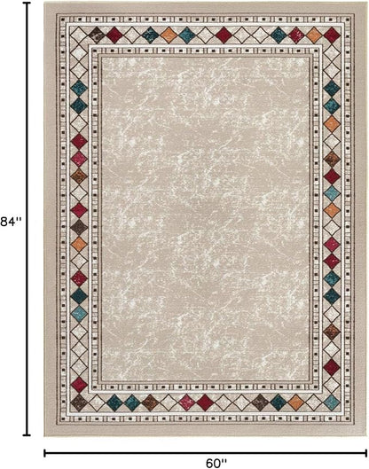 Antep Rugs Alfombras Modern Bordered 5x7 Non-Skid (Non-Slip) Low Profile Pile Rubber Backing Indoor Area Rugs (Beige, 5' x 7')