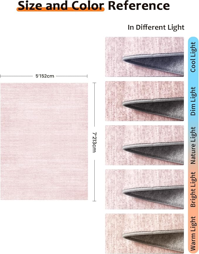Art&Tuft Washable Rugs 5x7, Low Pile Area Rugs for Living Room - Non Slip and Stain Resistant Soft Thin 5x7 Rug for Bedroom, Dining Room, Kitchen, Office, Lightpink
