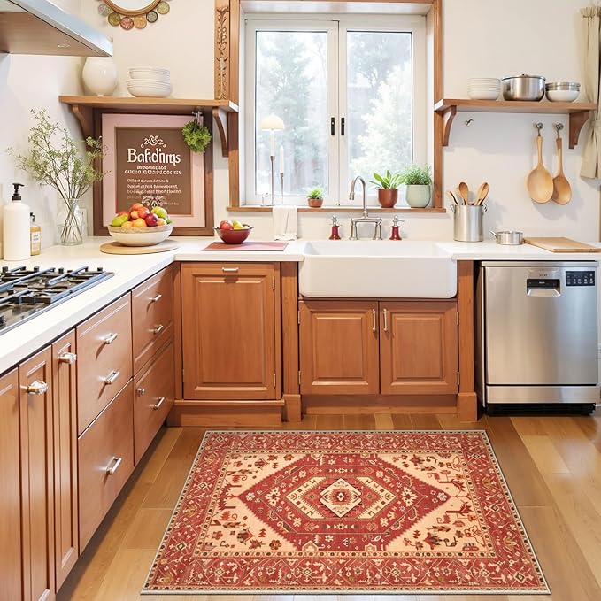 SERISSA Boho Rugs for Entryway, 2x3 Washable Non-Slip Entryway Rug Small Area Rug, Ultra Soft Oriental Vintage Red Beige Low-Pile Indoor Door Mat Floor Carpet for Entrance Bedroom Kitchen Bathroom