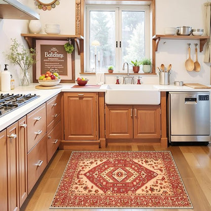 SERISSA Boho Rugs for Entryway, 2x3 Washable Non-Slip Entryway Rug Small Area Rug, Ultra Soft Oriental Vintage Red Beige Low-Pile Indoor Door Mat Floor Carpet for Entrance Bedroom Kitchen Bathroom