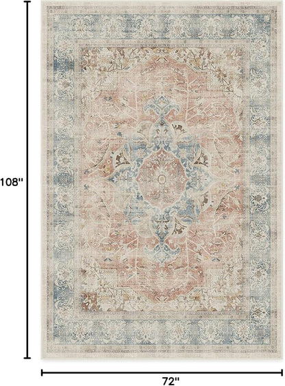 RUGGABLE Washable Vintage Area Rug – Sarrah Coral 6x9, Stain-Resistant, Non-Slip – Medium Machine Washable Rugs for Living Room, Bedroom, Hallway, Entryway & Office–with Cushioned Pad