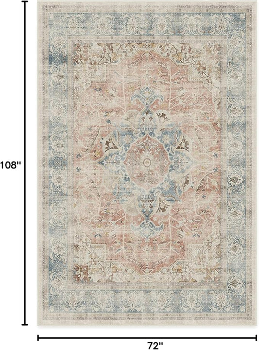 RUGGABLE Washable Vintage Area Rug – Sarrah Coral 6x9, Stain-Resistant, Non-Slip – Medium Machine Washable Rugs for Living Room, Bedroom, Hallway, Entryway & Office–with Cushioned Pad