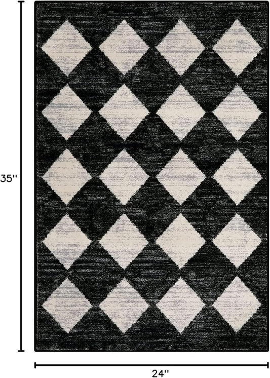 Lahome Moroccan Trellis Area Rug - 2x3 Printed Small Black Checkered Entryway Rug Non Slip Kitchen Mat, Stain Resistance Indoor Modern Floor Soft Throw Carpet for Front Door Bathroom Sink Bedroom