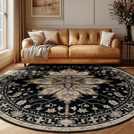 Area Rugs 6ft Washable Non-Slip, Floral Vintage Distress Print Pattern Medallion Carpet for Living Room Bedroom Dining Room, Black Brown Neutral Dark Tan