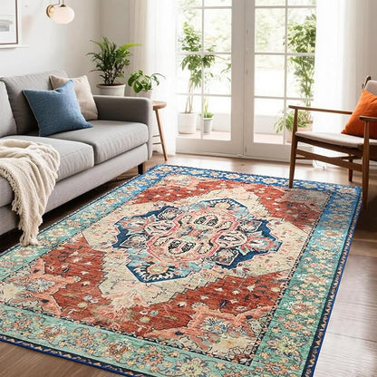 Area Rugs 6x9, Low Pile Washable Rugs, Soft Vintage Distressed Rugs for Living Room Bedroom, Office, Dining Room, Water Repellent & Non Shedding, Terracotta