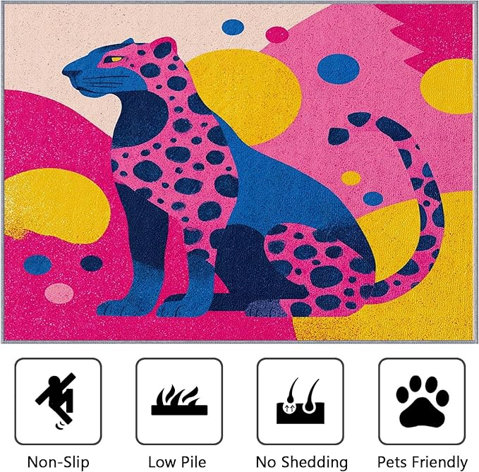 Leopard Washable Rugs - 5x8ft - Colorful Abstract Geometric Animal Pop Art Rugs for Living Room Non Slip Low Pile Area Rug for Bedroom, Leopard Carpets Room Decor & Gifts
