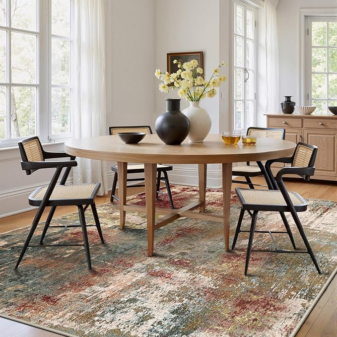 Washable Area Rugs 5'x8' Non-Slip Modern Abstract Soft for Living Room Entryway Bedroom Nursery, Print Pattern, Brown Rust Red Multi