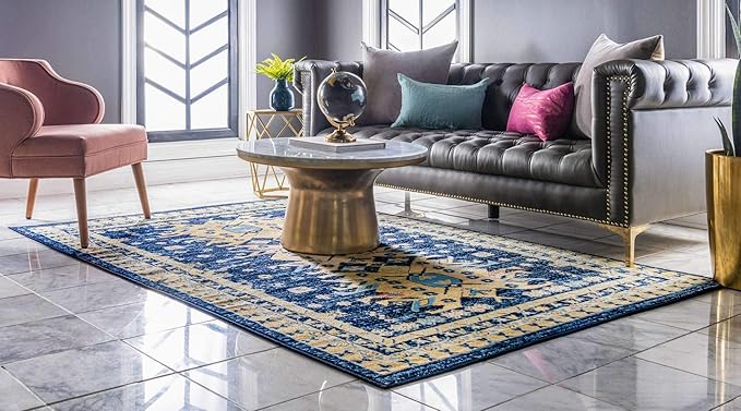 Unique Loom Taftan Collection Border Geometric Tribal Inspired Design Area Rug (4' 0 x 6' 0 Rectangular, Navy Blue/ Gold)