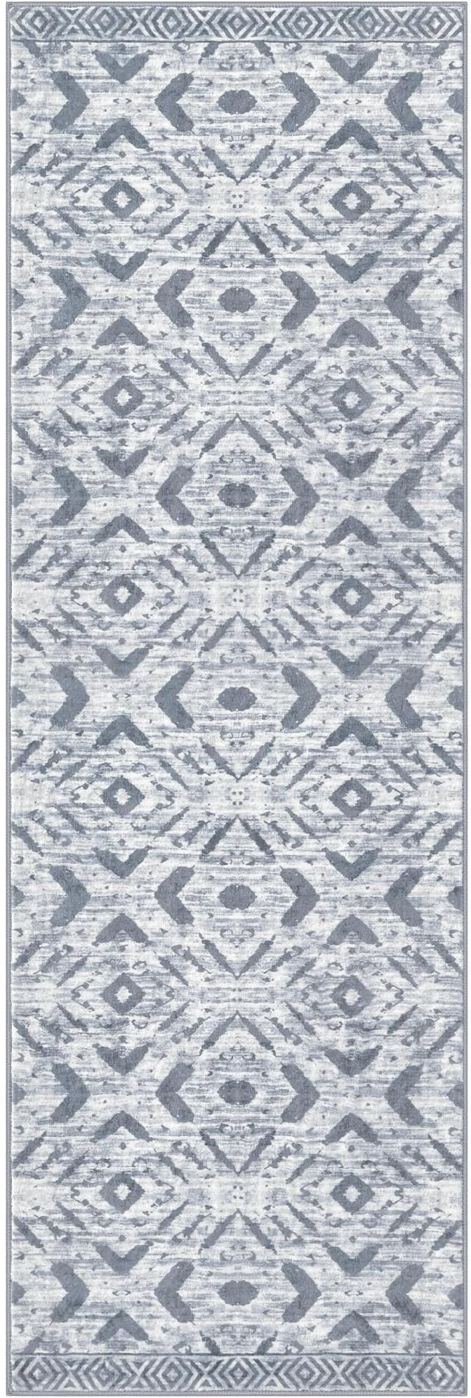 KILOCOCO Hallway Runner Rug 3'x8' Washable Printed Moroccan Runner Rugs Non Slip Entryway Rugs Soft Indoor Long Floor Rug for Bedroom Kitchen Living Room Geometric Boho Carpet Runners, Grey White