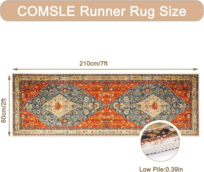 COMSLE Boho Runner Rug, 2' x 7' Washable Rugs for Hallway Faux Wool Small Kitchen Area Rug Distressed Throw Rug Non-Slip Laundry Room Rug Carpet Runner for Entryway Indoor Bedroom