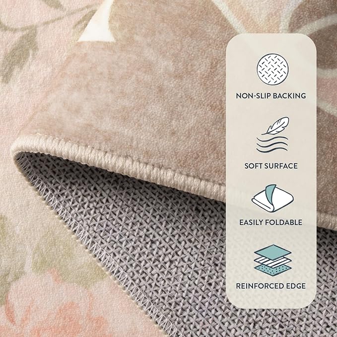 Lahome Floral Washable Rugs 5x7,Rugs for Living Room Boho Area Rug,Vintage Rugs for Bedroom Girls Non Slip Low Pile Ultra-Thin Large Carpet for Farmhouse,Dining Room,Kids Playroom Dorm (5'X7',Beige)