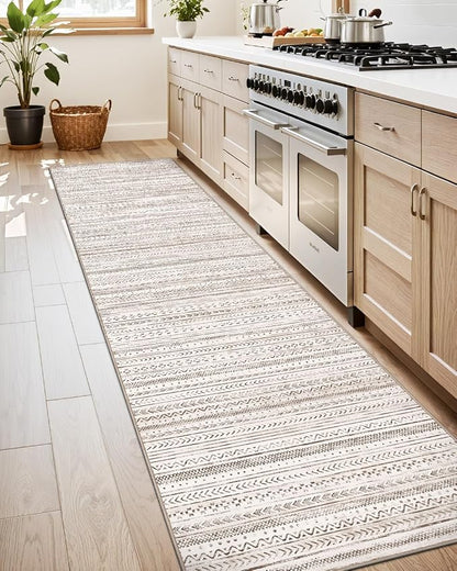 LUMI Washable Rug, 23x87 Kitchen Rugs for Entryway Bathroom, Non-Slip Indoor Door Mat Ultra-Thin, Small Oriental Throw Carpet for Bedroom Entry Office, White and Brown