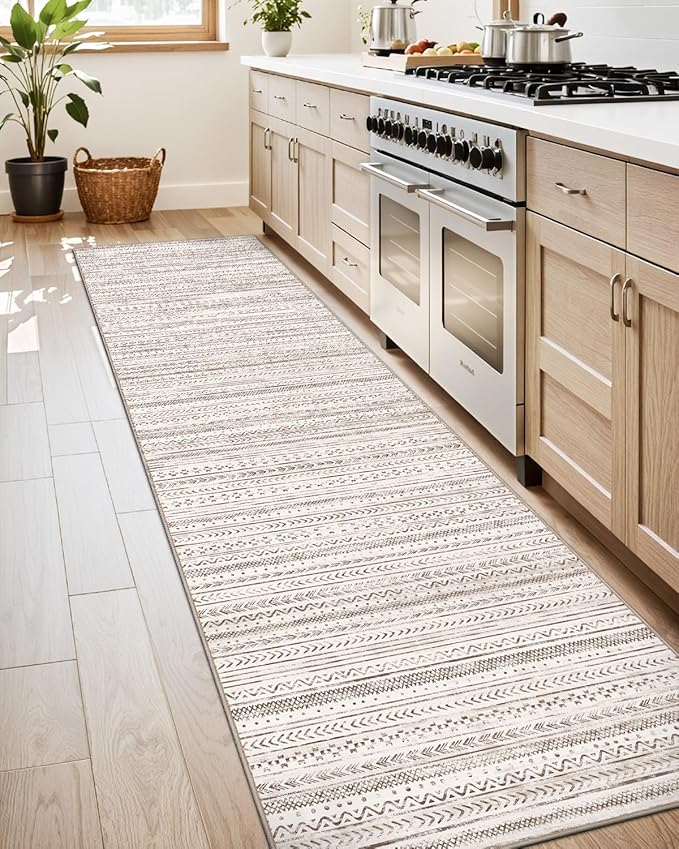 LUMI Washable Rug, 23x59 Kitchen Rugs for Entryway Bathroom, Non-Slip Indoor Door Mat Ultra-Thin, Small Oriental Throw Carpet for Bedroom Entry Office, White and Brown