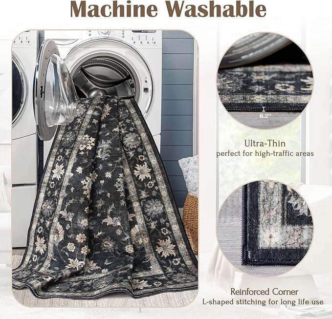 Washable Hallway Runner Rug 2.5x12ft - Long Non-Slip Charcoal Black Boho Runner Rug Low Pile Soft Vintage Farmhouse Moody Runners for Hallways Kitchen Living Room Indoor Entryway Bedroom