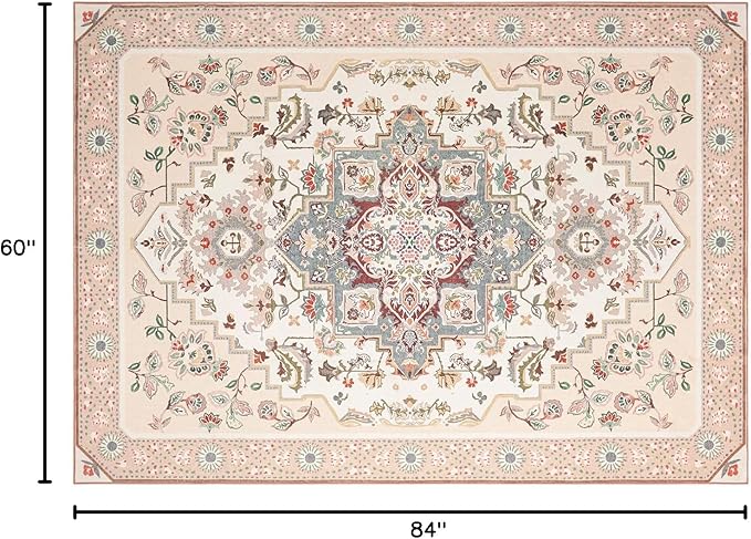 Phantoscope Washable Area Rug 5'x7' Non-Slip, Vintage Boho Rugs for Living Room, Bedroom, Dining Room, Persian Floral Medallion Pattern, Low-Pile Foldable Floor Carpet, Ivory Rose/Fall Bloom