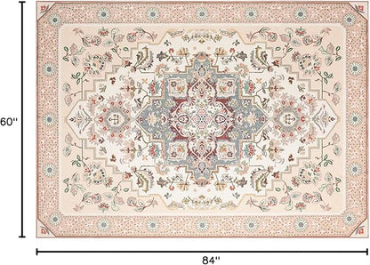 Phantoscope Washable Area Rug 5'x7' Non-Slip, Vintage Boho Rugs for Living Room, Bedroom, Dining Room, Persian Floral Medallion Pattern, Low-Pile Foldable Floor Carpet, Ivory Rose/Fall Bloom