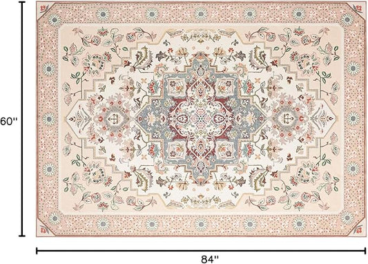 Phantoscope Washable Area Rug 5'x7' Non-Slip, Vintage Boho Rugs for Living Room, Bedroom, Dining Room, Persian Floral Medallion Pattern, Low-Pile Foldable Floor Carpet, Ivory Rose/Fall Bloom