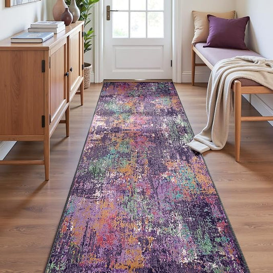 Washable Area Rugs 2'x8' Non-Slip Modern Abstract Soft for Living Room Entryway Bedroom Nursery, Print Pattern, Purple Orange Blue Green Rust Red Colorful