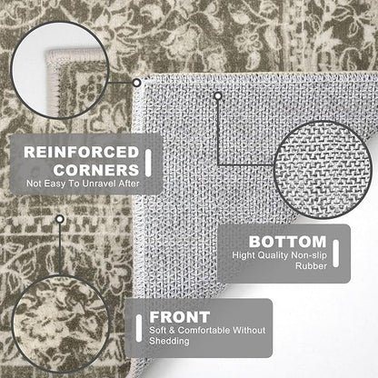 KILOCOCO Area Rug 3x5 Entryway Rug Washable Printed Vintage Floral Rubber Backed Non Slip Indoor Kitchen Rugs for Living Room Laundry Room Playroom Mudroom Moroccan Area Rugs, Taupe/Green
