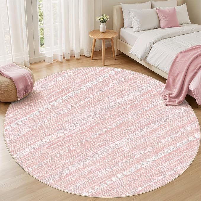 Nakagishi Round Rug Kitchen Washable Rugs: 4x4 Non-Slip Boho Soft Modern Stain Resistant Indoor Floor Neutral Farmhouse Throw Carpet for Hallway Bathroom Laundry Room Entryway Bedroom- Pink