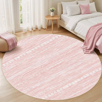Nakagishi Round Rug Kitchen Washable Rugs: 4x4 Non-Slip Boho Soft Modern Stain Resistant Indoor Floor Neutral Farmhouse Throw Carpet for Hallway Bathroom Laundry Room Entryway Bedroom- Pink