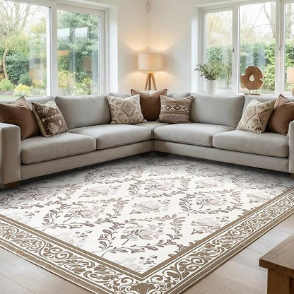 SOULFUL Medium Pile 3x5 Area Rug - Soft Underfoot Small Entryway Rug - Brown Boho Floral - Washable Non-Slip - Perfect for Living Room Bedroom Foot Kids Room Reading Nook