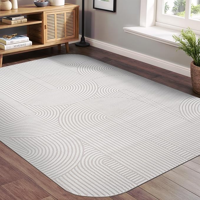 Beverly Rug Modern Geometric Area Rug 8x10 Low-High Pile Durable Soft Abstract Semi-Circles Indoor Rugs for Living Dining Room Office Stain Resistant Non Shedding Indoor Carpet Beige White 8 x 10
