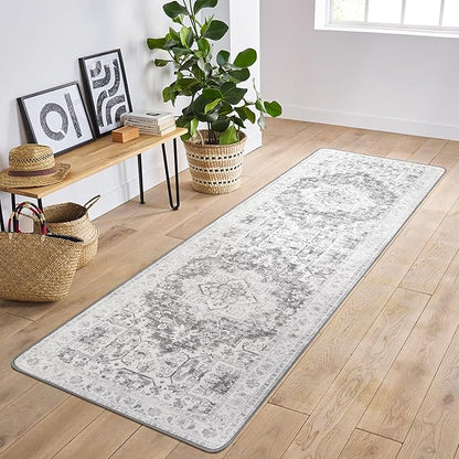 GENIMO 2x10 Runner Rugs for Hallway, Machine Washable Non Slip Vintage Rugs, Low Pile Lightweight Soft Print Rug for enrtyway, Corridor, Home, Office, Kitchen, Gray