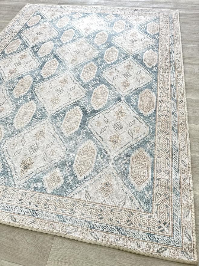 Fame Living Faded Oushak Rug, Turkish Vintage Floral Pastel Large Oversized Area Rugs for Living Room Dining Bedroom Kitchen Bathroom Nursery (848CrNv, 7'5" x 9'8")
