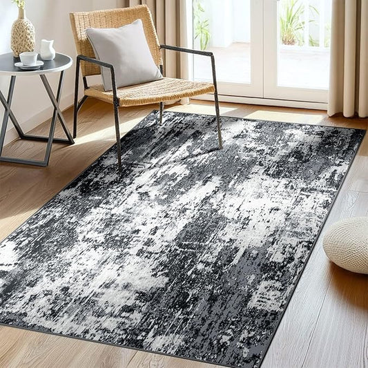 Washable Area Rugs 3'x5' Non-Slip Modern Abstract Soft for Living Room Entryway Bedroom Nursery, Print Pattern, Black Gray