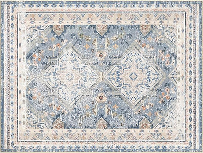 Phantoscope Washable Area Rug 9'x12' Non-Slip, Vintage Neutral Rugs for Living Room, Bedroom, Dining Room, Distressed Boho Geometric Medallion Pattern, Low-Pile Foldable Floor Carpet, Dusty Blue/Multi