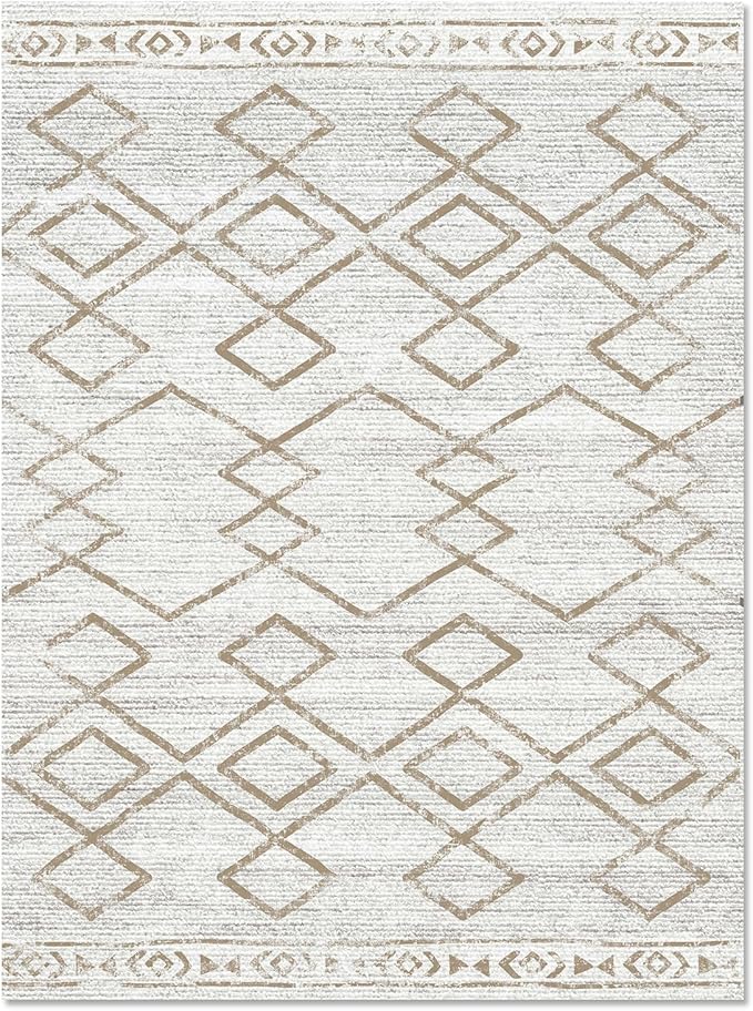 jinchan Moroccan 6x9 Area Rugs for Living Room - Machine Washable Soft Modern Geometric Stain Resistant Ultra-Thin Low-Pile Large Rug Non-Slip Carpet for Bedroom Kitchen Dining Room (6x9ft, Taupe)