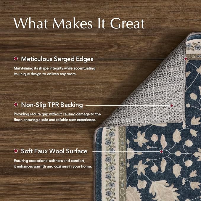 EVERGRACE Area Rugs for Living Room 6x9, Boho Floral Faux Wool Indoor Outdoor Rugs, Washable Rugs for Bedroom Dining Room Entryway Kitchen, Low Pile Floor Mat Carpet for Home Decor, Navy Blue
