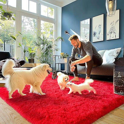 Red Fluffy Rug Plush Carpet for Bedroom Dorm, Non-Slip High Pile Rug, Shag Rug for Playroom Nursery Home Office Decor 5X7Ft
