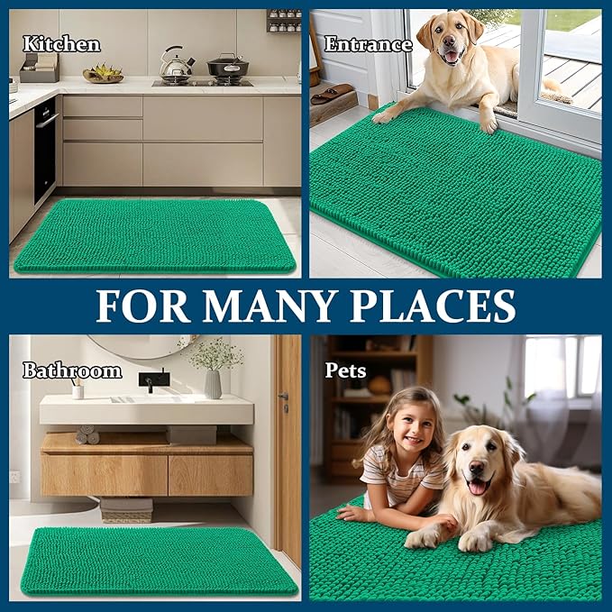 OLANLY Dog Door Mat for Muddy Paws 44x24, Absorbs Moisture and Dirt, Absorbent Non-Slip Washable Doormat, Quick Dry Chenille Mud Mat, Entry Indoor Entryway Carpet for Inside Floor, Emerald Green