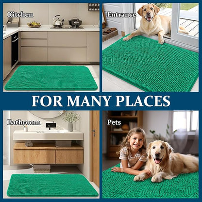 OLANLY Dog Door Mat for Muddy Paws 44x24, Absorbs Moisture and Dirt, Absorbent Non-Slip Washable Doormat, Quick Dry Chenille Mud Mat, Entry Indoor Entryway Carpet for Inside Floor, Emerald Green