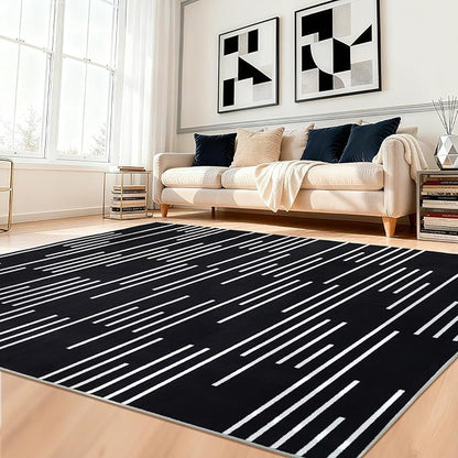 YIHOUSE Abstract Washable Rug 5x7,Ultra Thin Non Slip Black Rugs for Living Room,Modern Minimalist White Stripe Rugs for Bedroom,Dining Room Office Playroom (5'x7',Black-3)