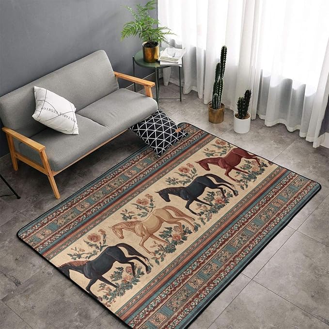 Horse Western Boho Ethnic Style Area Rug Washable Outdoor Rugs Anti-Slip Soft Carpet Entryway Indoor Door Mat for Bedroom,Living Room,Porch,Terrace and Entrance Decor 2'x 1.4'