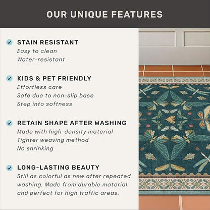 Insect Teal Green 5x7 Area Rug for Living Room - Cottage Core Rug for Bedroom, Dining Room, Kids Playroom, Home Office, Floral Vintage Whimsical Butterfly Washable Non Slip Floor Décor