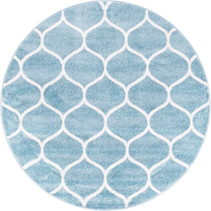 Rugs.com Lattice Frieze Collection Rug – 5' Round Light Blue Medium Rug Perfect for Kitchens, Dining Rooms