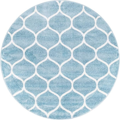 Rugs.com Lattice Frieze Collection Rug – 5' Round Light Blue Medium Rug Perfect for Kitchens, Dining Rooms