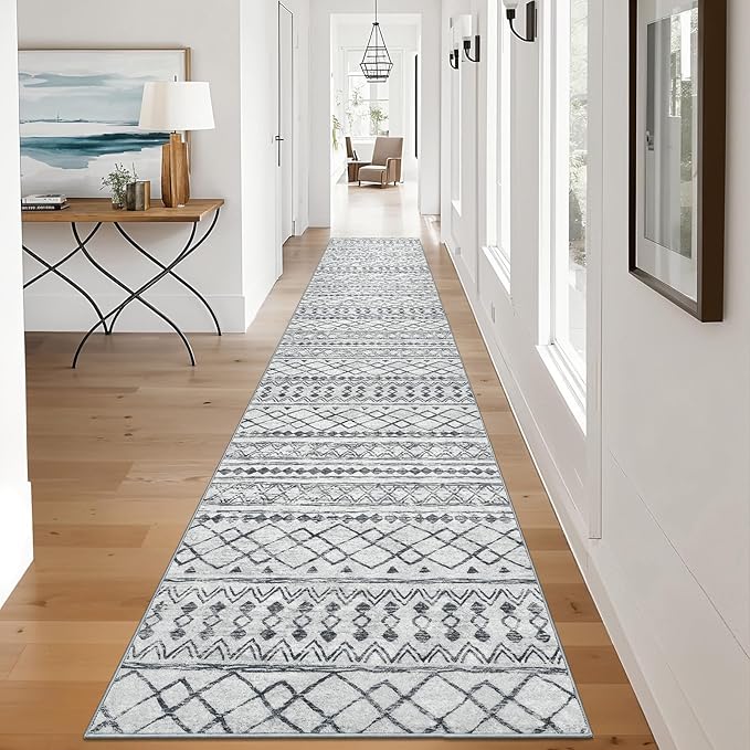 KUTA Hallway Runner Rug 2.6x12 Non-Slip Washable, Moroccan Vintage Beige Boho Long Kitchen Rug Ultra Soft Distressed Geometric Floor Carpet Runners for Bedroom Laundry Stairway Entryway