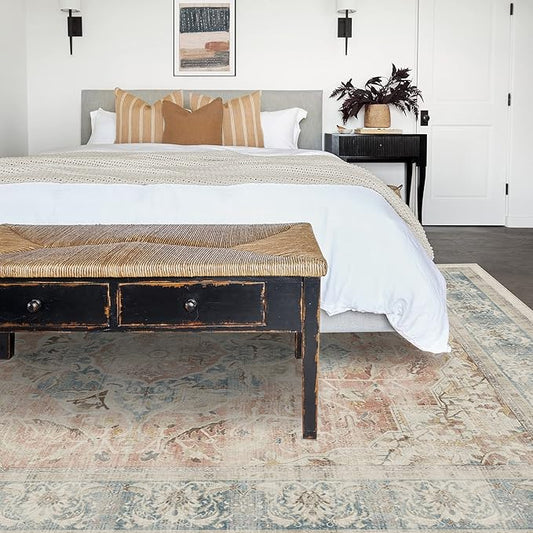 RUGGABLE Washable Vintage Area Rug – Sarrah Coral 10x14, Stain-Resistant, Non-Slip – Large Machine Washable Rugs for Living Room, Bedroom, Hallway, Entryway & Office–with Standard Pad