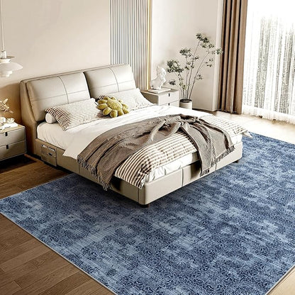 WITSHOCK 6x9 Area Rugs for Living Room: Machine Washable Non Slip Modern Abstract Carpet - Low Pile Print Rug for Bedroom Dining Room - Stain Resistant for Household - Pet Owners (Blue White)
