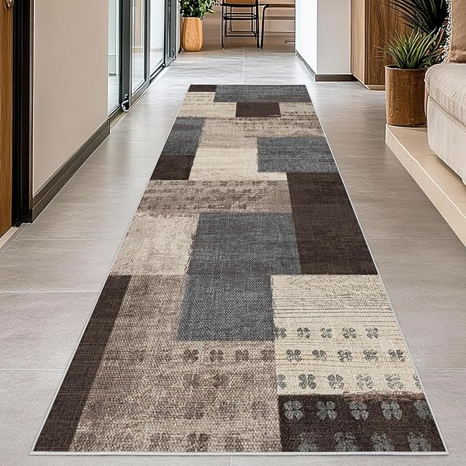 Modern Geometric Patchwork Indoor Runner Rug for Living Room, Blue-Taupe 2.7'x 10' Rug Rockwood Collection Hardwood Floors Decor for Bedroom, Blue Throw Carpet for Office Entryway Dining Room