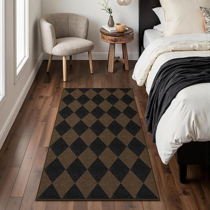 Easy Jute Checkered Entryway Rug, 2.6x4 Coffee Modern Indoor Outdoor Doormat Non-Slip Washable Kitchen Rug, Neutral Farmhouse Diamond Throw Rugs for Entrance Bedroom Porch Patio