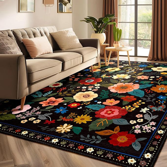 Floral 4x6 Area Rug Machine Washable Soft Print Boho Carpet Non Slip Doormat Low Pile Flower Area Rugs for Living Room Bedroom Nursery Kitchen Dining Room Indoor-Black