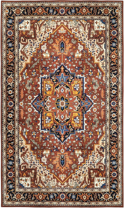 Moynesa Ultra-Thin Washable Oriental Area Rug - 3x5 Non-Slip Laundry Room Rug, Non-Shedding Stain Resistance Low Pile Kitchen Mat Indoor Throw Carpet for Fall Decor Bathroom, Brown/Multi